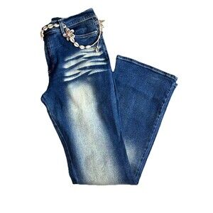 Vintage Y2K Acid Wash Denim Bootcut Flare Jeans Surf Sea‎ Shell Belt USA 28’